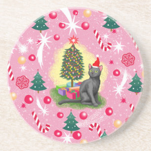 Pink Christmas Cat Coaster