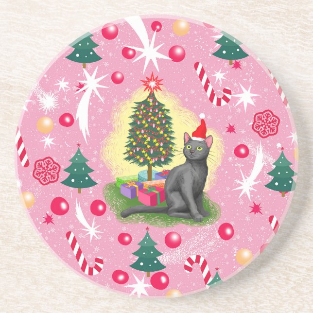 Pink Christmas Cat Coaster (Front)