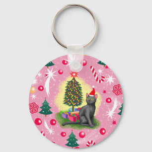 Pink Christmas Cat Key Ring