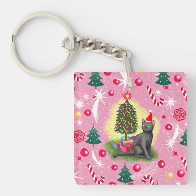Pink Christmas Cat Key Ring (Front)