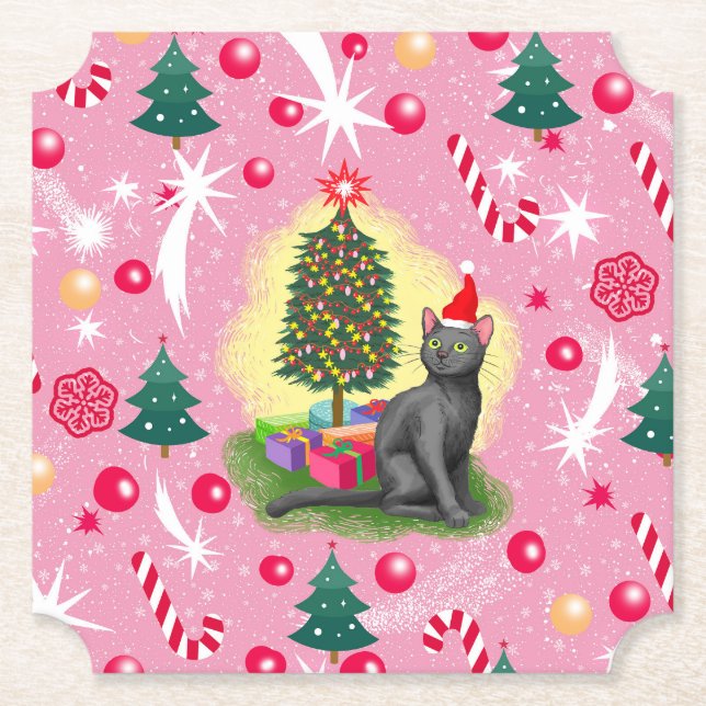 Pink Christmas Cat Paper Coaster (Front)