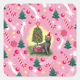 Pink Christmas Cat Square Sticker