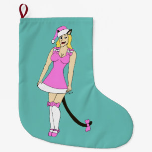Pink Christmas catgirl Large Christmas Stocking
