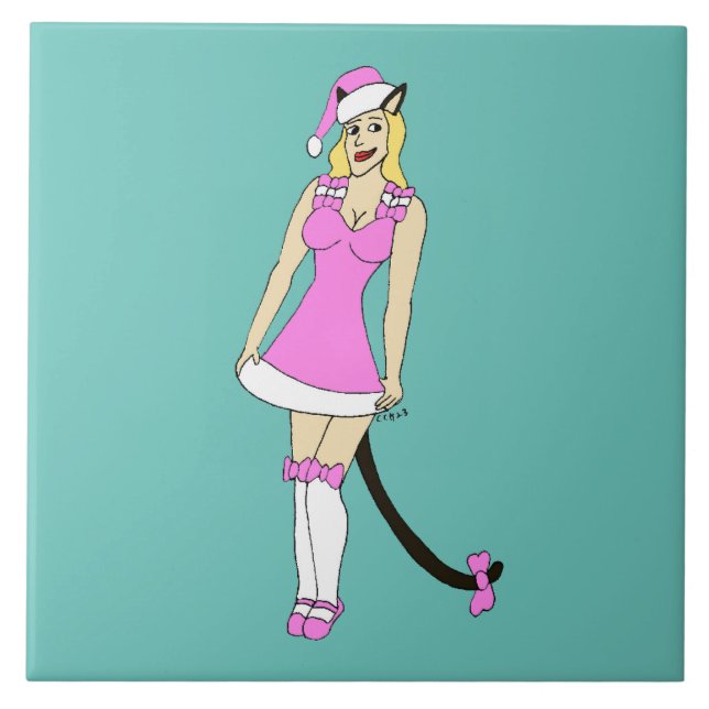 Pink Christmas catgirl Tile (Front)