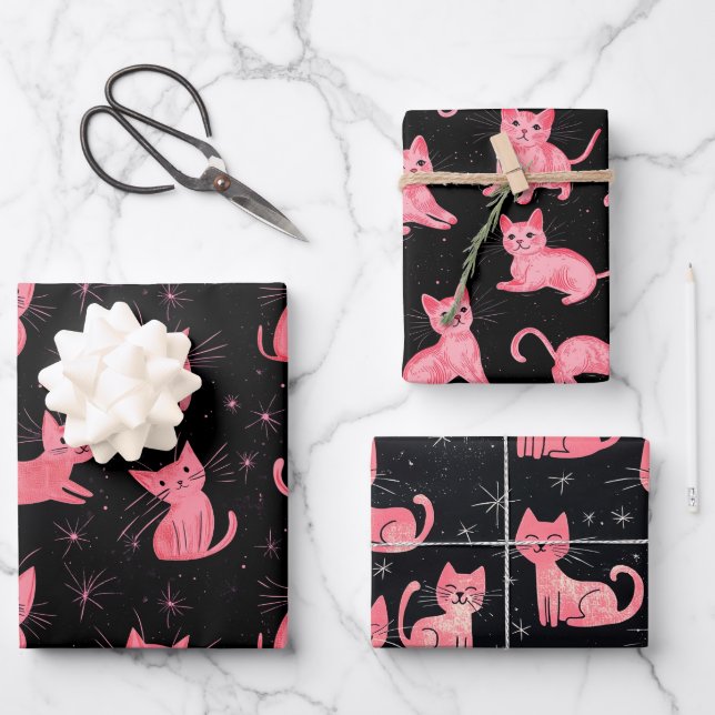Pink Christmas Cats on Black Wrapping Paper Sheet (Front)