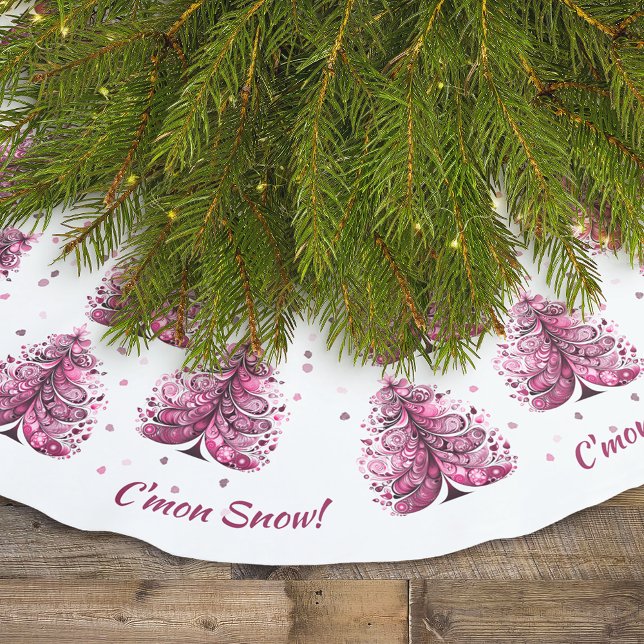 Pink Christmas C'mon Snow Whimsical Tree Brushed Polyester Tree Skirt (Pink Christmas C'mon Snow Whimsical Tree Personalized Brushed Polyester Tree Skirt)