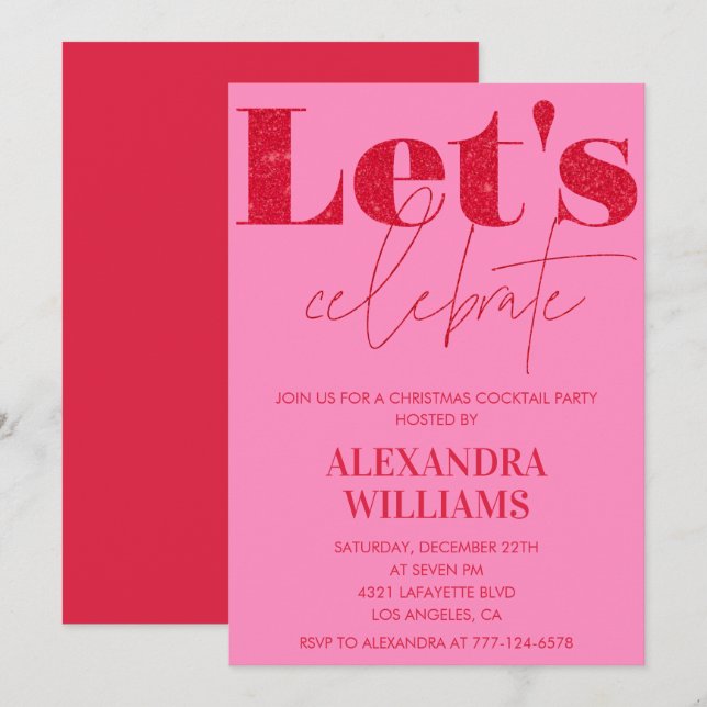 Pink Christmas Cocktail Party Let's celebrate Invitation (Front/Back)