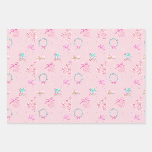Pink Christmas Coquette Bow Seamless Pattern Wrapping Paper Sheet (Front)