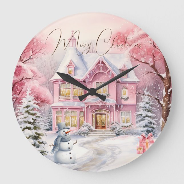 Pink Christmas Country Cottage Holiday Wall Large Clock (Front)