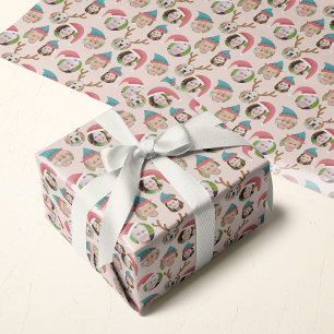 Pink Christmas Crew Custom Six Photo Funny Holiday Wrapping Paper