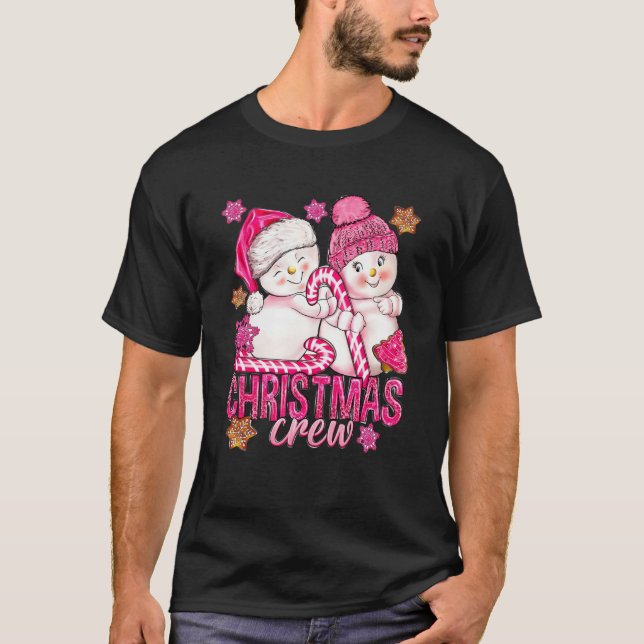 Pink Christmas Crew Snowman With Candy Cane Xmas H T-Shirt (Front)