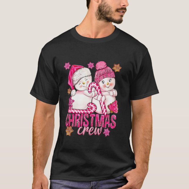 Pink Christmas Crew Snowman With Candy Cane Xmas H T-Shirt (Front)