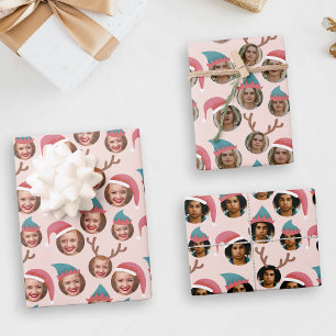 Pink Christmas Crew Three Photo Custom Wrapping Paper Sheet