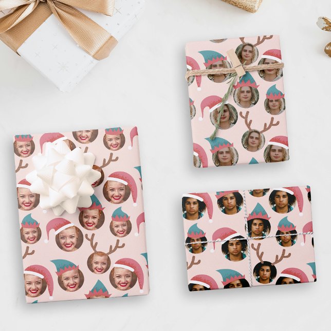 Pink Christmas Crew Three Photo Custom Wrapping Paper Sheet (Creator Uploaded)