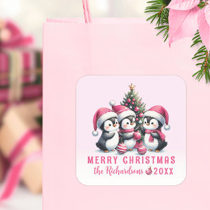 Pink Christmas Custom Family Name Funny Penguins Square Sticker