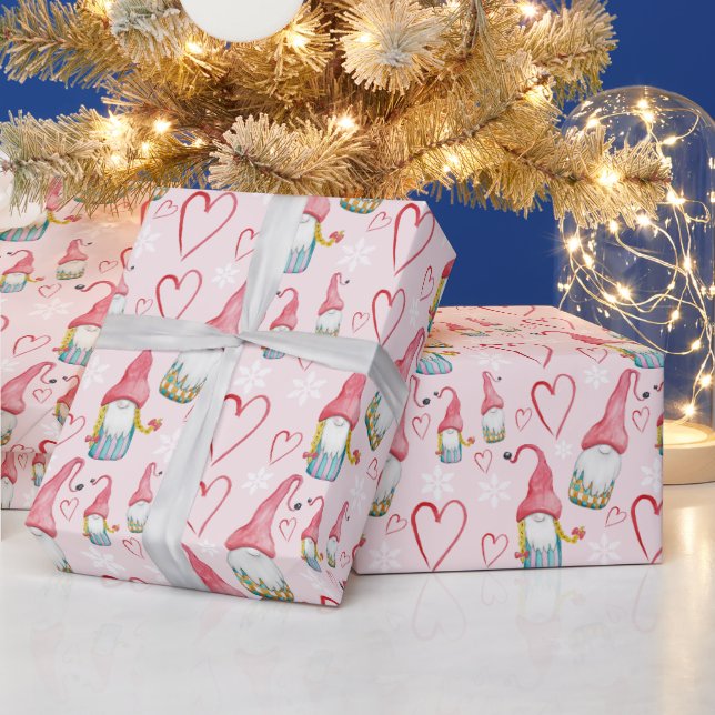 Pink Christmas Cute Gnome In Love Wrapping Paper (Holidays)