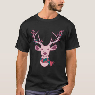 Pink Christmas Deer with Scarf and Mistletoe on An T-Shirt