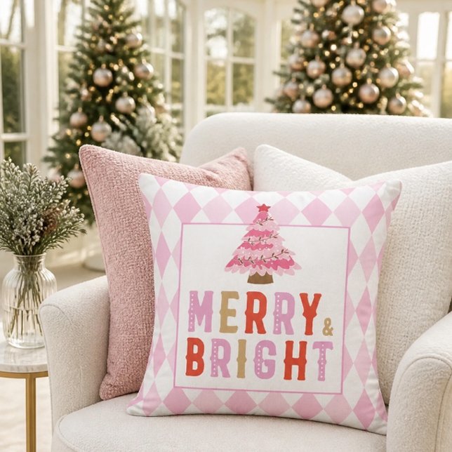 Pink Christmas Diamond Pattern Merry and Bright Cushion (Creator Uploaded)