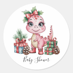 Pink Christmas Dino Girl Baby Shower Classic Round Sticker