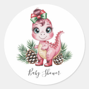 Pink Christmas Dino Girl Baby Shower Classic Round Sticker