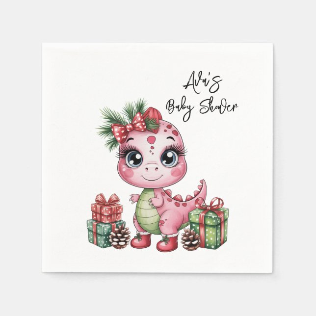 Pink Christmas Dino Girl Baby Shower Napkin (Front)