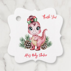 Pink Christmas Dino Girl Baby Shower Thank You Favour Tags