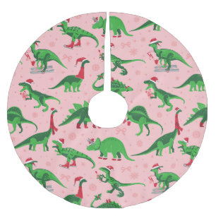 pink christmas dinosaurs stegosaurus triceratops  brushed polyester tree skirt