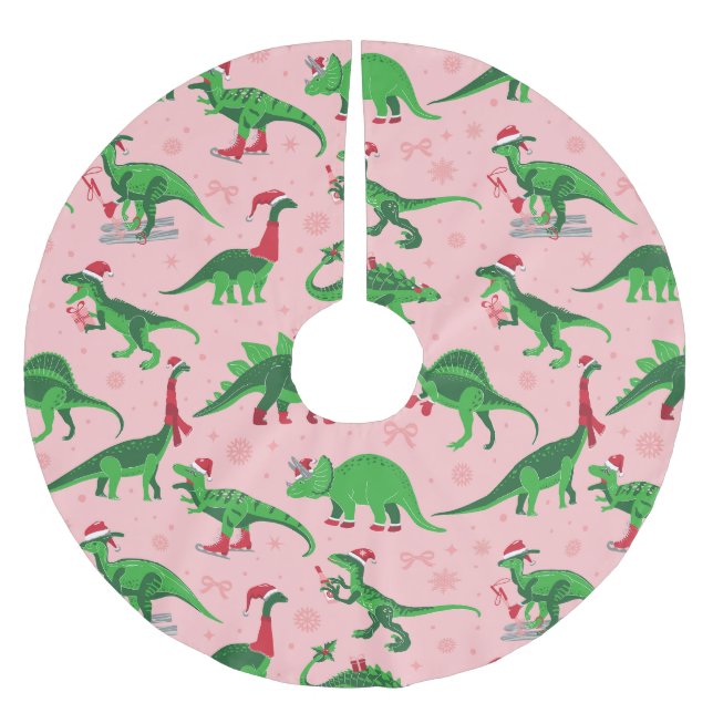 pink christmas dinosaurs stegosaurus triceratops  brushed polyester tree skirt (Front)
