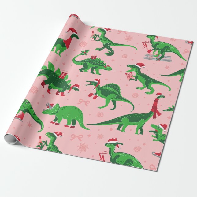 pink christmas dinosaurs stegosaurus triceratops  wrapping paper (Unrolled)