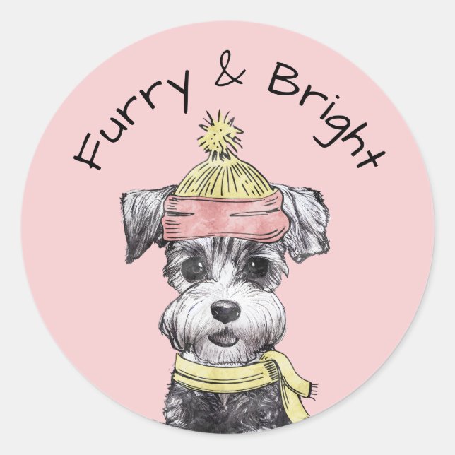 Pink Christmas Dog Furry & Bright Terrier Cute Classic Round Sticker (Front)