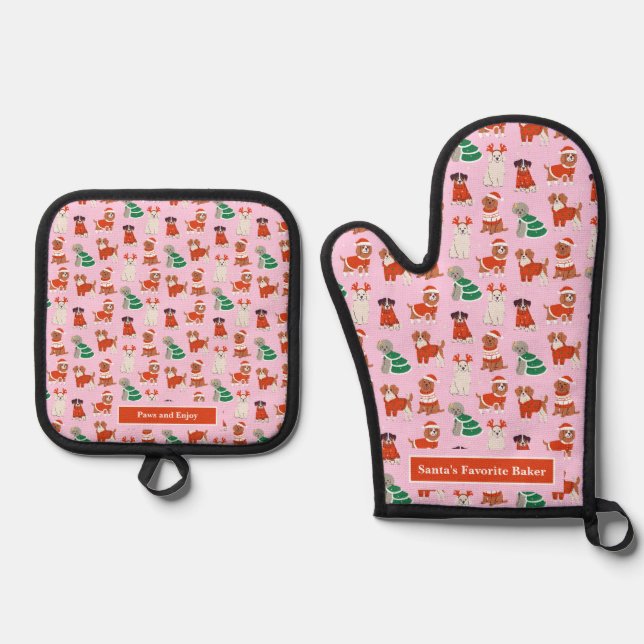 Pink Christmas Dogs Girl Personalised Oven Mitt & Pot Holder Set (Front)
