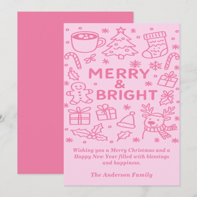 Pink Christmas Doodle | Christmas Wishes Holiday Card (Front/Back)