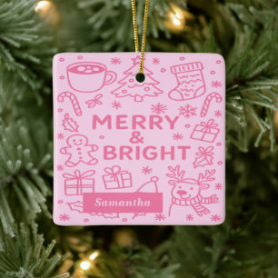 Pink Christmas Doodle   Merry & Bright Ceramic Ornament