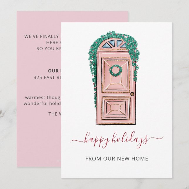Pink Christmas Door Weve Moved Holiday Card (Front/Back)