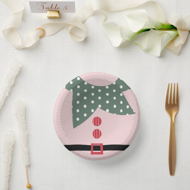 Pink Christmas Elf Suit Holiday Party  Paper Plate (Wedding)