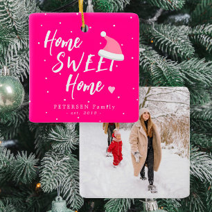 Pink Christmas family PHOTO name home sweet home Ceramic Ornament