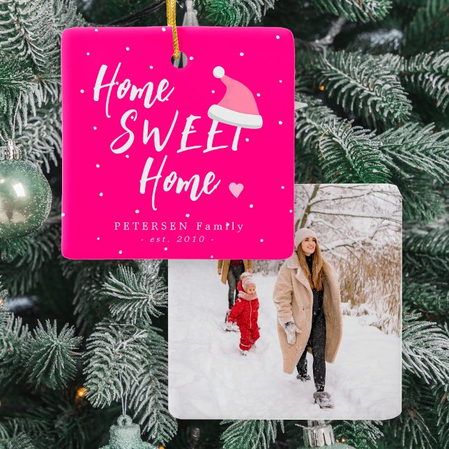 Pink Christmas family PHOTO name home sweet home Ceramic Ornament (Creator Uploaded)