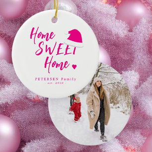 Pink Christmas family photo name home sweet home Ceramic Tree Decoration