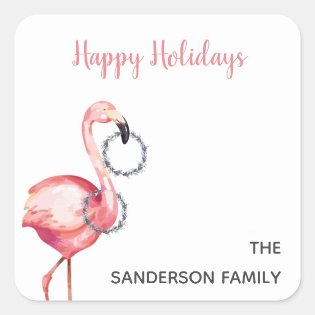 Pink Christmas Flamingo Wreathes l Happy Holidays Square Sticker (Front)
