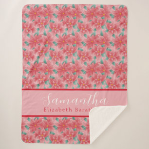 Pink Christmas Floral Poinsettia Personalised Name Sherpa Blanket