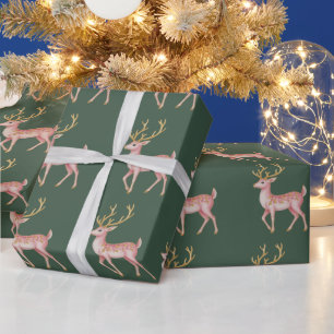 Pink Christmas Floral Reindeer Woodland Vintage Wrapping Paper