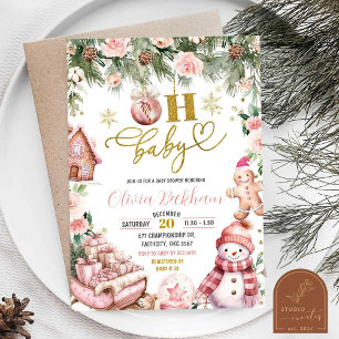 Pink Christmas Floral Sleigh Oh Baby Shower Invitation