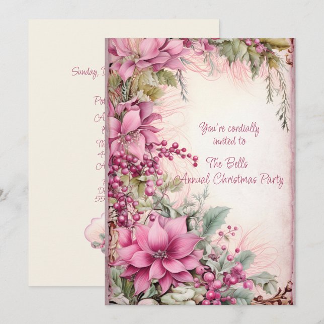 Pink Christmas Flowers Annual Christmas Party  Invitation (Front/Back)