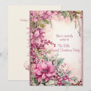 Pink Christmas Flowers Annual Christmas Party  Invitation