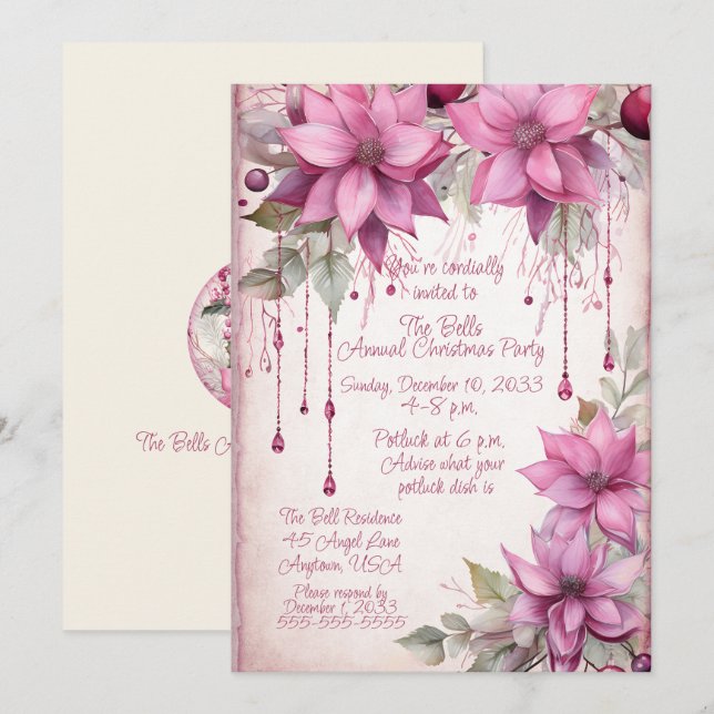 Pink Christmas Flowers Annual Christmas Party  Invitation (Front/Back)