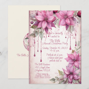 Pink Christmas Flowers Annual Christmas Party  Invitation