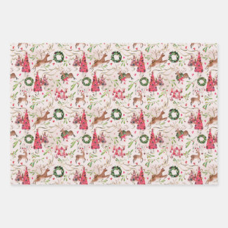 Pink Christmas Forest Gift Wrap, Sheet Set of 3