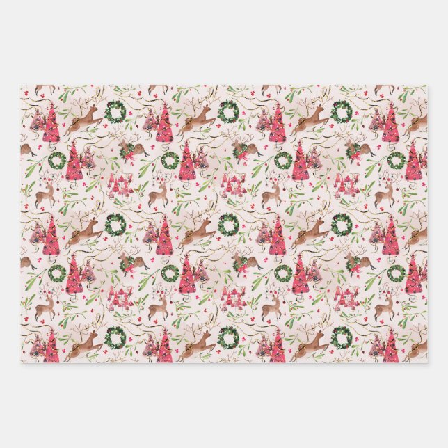 Pink Christmas Forest Gift Wrap, Sheet Set of 3 (Front)
