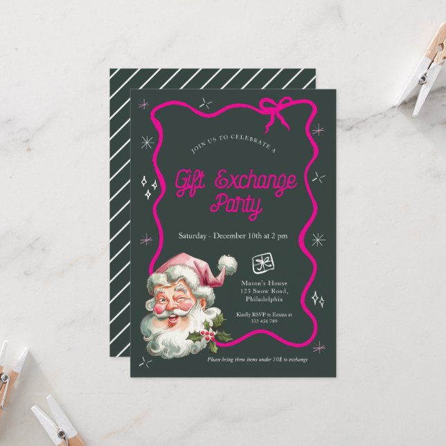 Pink Christmas Gift exchange party Invitation (Front/Back In Situ)
