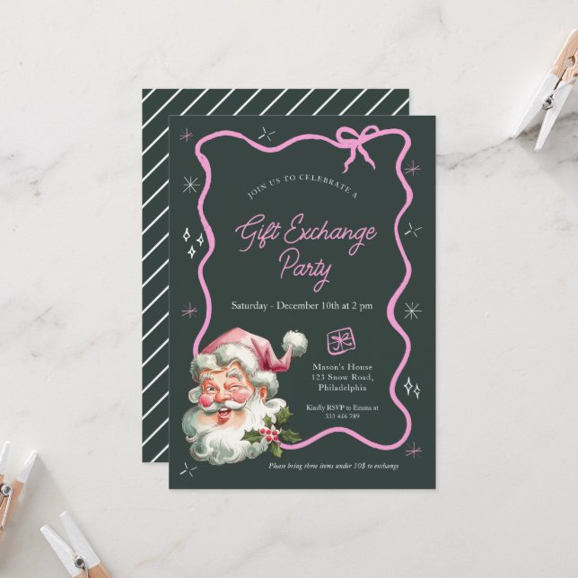 Pink Christmas Gift exchange party Invitation (Front/Back In Situ)